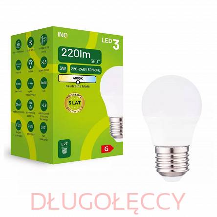 INQ E27 LED 3W (23W) 220lm G45 mała kulka 4000K neutralna biała