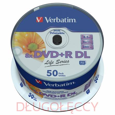 VERBATIM DVD+R Double Layer DL 8.5GB x8 Life Series printable op 50 szt. cake box