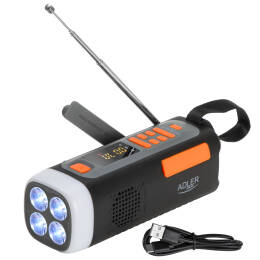 Adler AD 1920 Radio Awaryjne z Panelem Słonecznym, Korbką i Powerbankiem | Bluetooth 5.0 | Latarka LED 4W | 4500 mAh