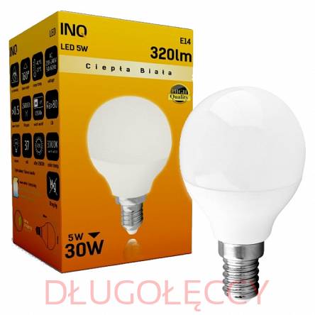 INQ E14 LED 5W 320lm P45 mała kulka 3000K ciepła biała