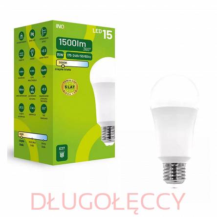 INQ lampa LED E27 15W 1500lm A60 3000K Ciepła biała 