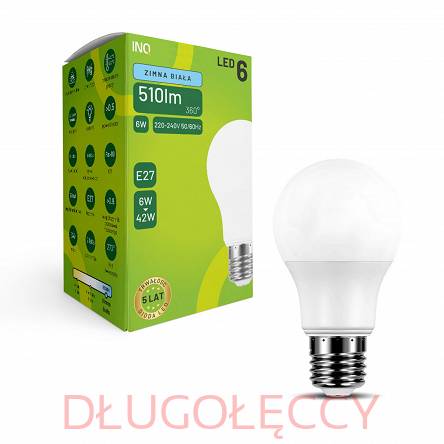 INQ lampa LED E27 6W 510lm A60 6500K zimna biała