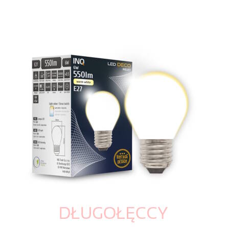 INQ E27 LED 6W (45W) 550lm G45 mała kulka filament mleczny 3000K ciepła biała