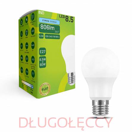 INQ E27 8.5W 806lm 6500K A60 żarówka LED zimna biała