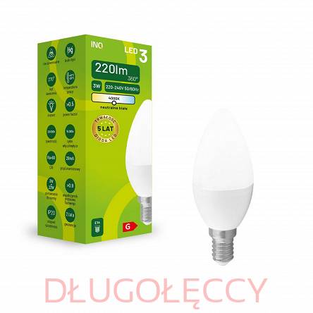 INQ E14 3W 220lm C37 żarówka LED świeczka 4000K neutralna biała