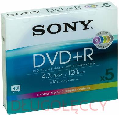 SONY 5 KOLOROWYCH płyt DVD+R 16x w standardowych pudełkach