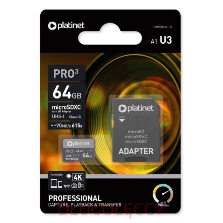 PLATINET karta pamięci Micro SD 64GB U3 klasa10 do 30MB/s 90MB/s  + adapter SD