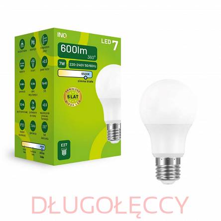 INQ E27 7W 600lm 6500K A60 żarówka LED zimna biała