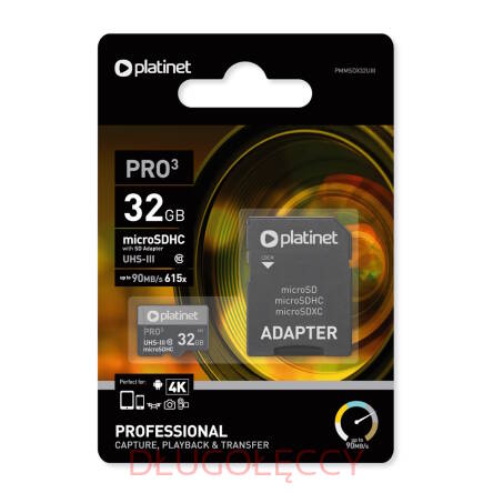 PLATINET karta pamięci Micro SD 16GB U3 klasa10 do 30MB/s 90MB/s  + adapter SD