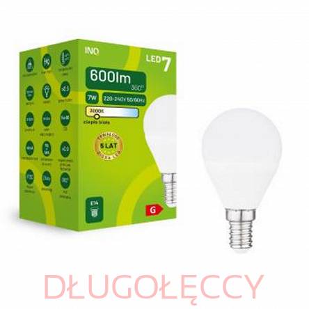 INQ E14 LED 7W (48W) 600lm G45 mała kulka 3000K ciepła biała