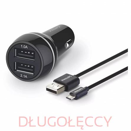 PHILIPS  ładowarka samochodowa 2x USB-A  + kabel USB-A/ micro USB 1m